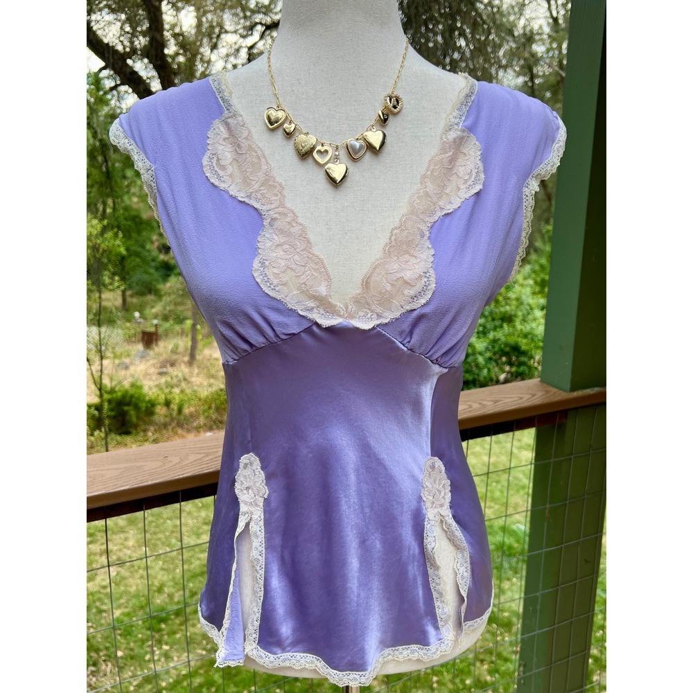 Vintage Y2K Going out top 100% Silk Lace Trim Camisole Tie Back Small Coquette